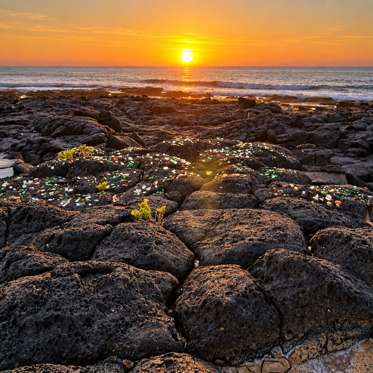 Sea glass on volcanic lava rocks in Lanzarote at sunset, related to Giorgio Brinchi’s artistic research